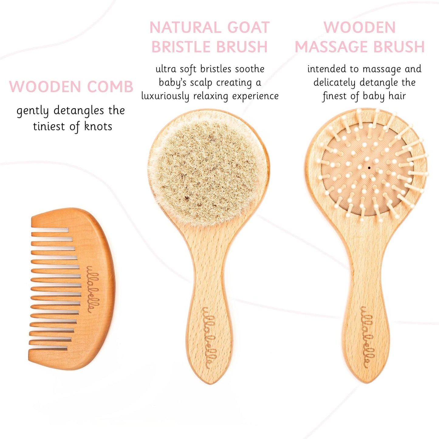 3-Piece Wooden Baby Hair Brush and Comb Set