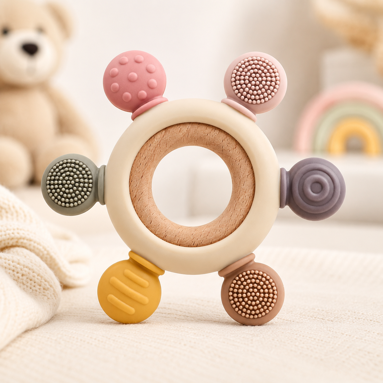 Sensory Comfort: Natural Wood & Silicone Teether