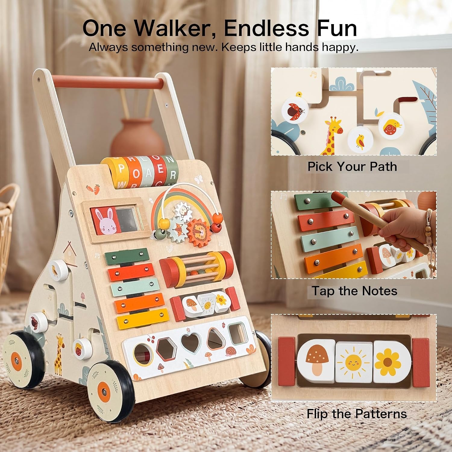 Wooden Baby Push Walker with Activity Center